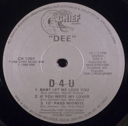 Image of Front Cover of 0226148E: 12" - DEE, D4U (Chief Records; CH 1001, US 1988) Very light warp, and some marks causing light crackle and a couple of pops here and there, but no skips  /G+