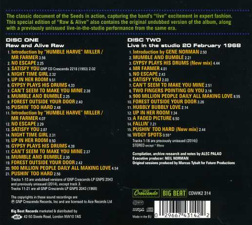 Image of Back Cover of 2xCD - VG/VG - THE SEEDS, Raw & Alive (Big Beat Records; CDWIK2 314, Europe 2014, Double Digipak, Booklet), ,  - 3216214C