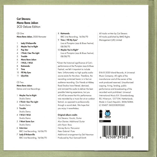 Image of Back Cover of 2xCD - VG+/VG+ - CAT STEVENS, Mona Bone Jakon (Island Records; 0602508395178, Europe 2020 Reissue, Book Sleeve, Deluxe Edtition), ,  - 2616452C