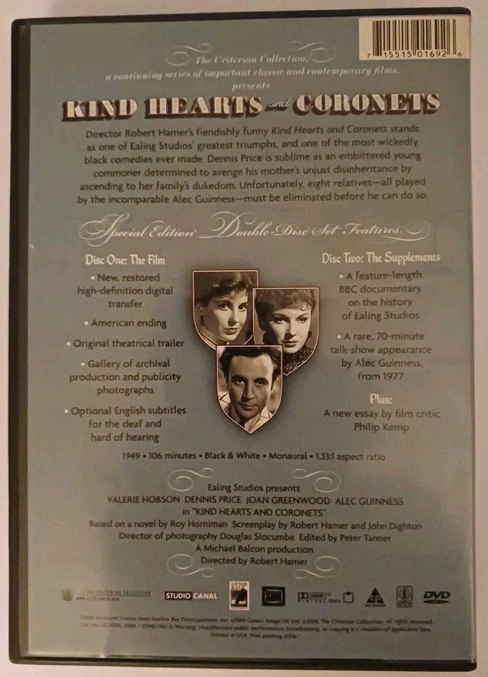 Image of Back Cover of 2xDVD - VG+/VG+ - ROBERT HAMER, Kind Hearts and Coronets (The Criterion Collection; 325, US 2006, Double DVD Case, Booklet, Region 1 US), ,  - 0336102E