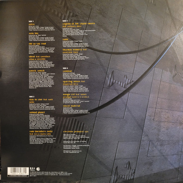 Image of Back Cover of 2xLP - VG/VG - GZA / GENIUS, Legend Of The Liquid Sword (MCA Records; 088 113 083-1, US 2002), Vinyl is strong VG - just a few light hairlines across the 4 sides. Permanent stickers on the labels. Sleeve has ringwear and creases.,  - 3926100E