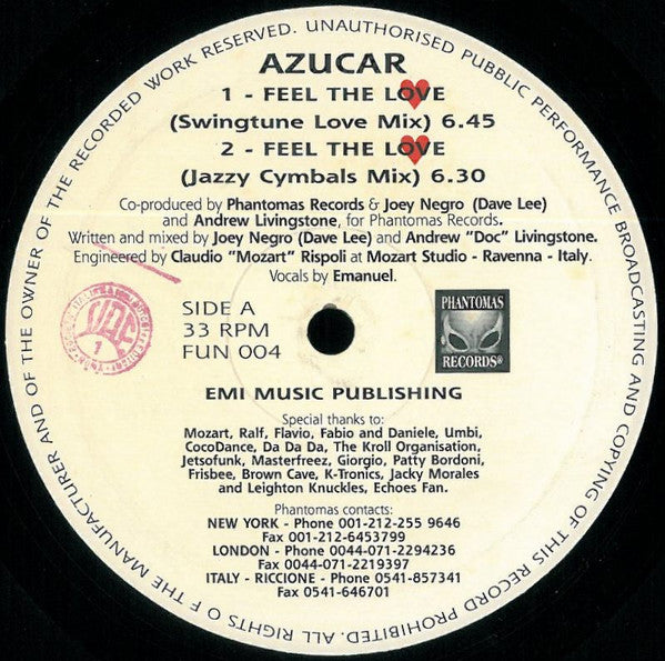 Image of Front Cover of 12" - VG/G+ - AZUCAR, Feel The Love / Da Da Da (Phantomas Records; FUN 004, Italy 1992, Titled Die-Cut), Side A is VG, side B is G+, both play with a little surface noise, A1	Feel The Love (Swingtune Love Mix)A2	Feel The Love (Jazzy Cymbals Mix)B1	Da Da Da (Da Da Mix)B2	Da Da Da (Da Da Dub) - 2726293E