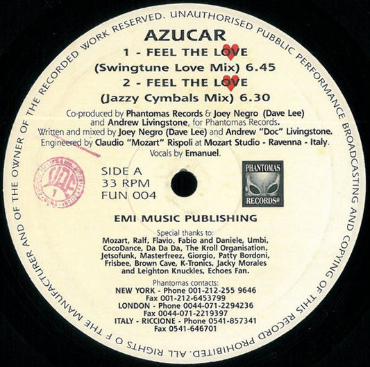 Image of Front Cover of 12" - VG/G+ - AZUCAR, Feel The Love / Da Da Da (Phantomas Records; FUN 004, Italy 1992, Titled Die-Cut), Side A is VG, side B is G+, both play with a little surface noise, A1	Feel The Love (Swingtune Love Mix)A2	Feel The Love (Jazzy Cymbals Mix)B1	Da Da Da (Da Da Mix)B2	Da Da Da (Da Da Dub) - 2726293E