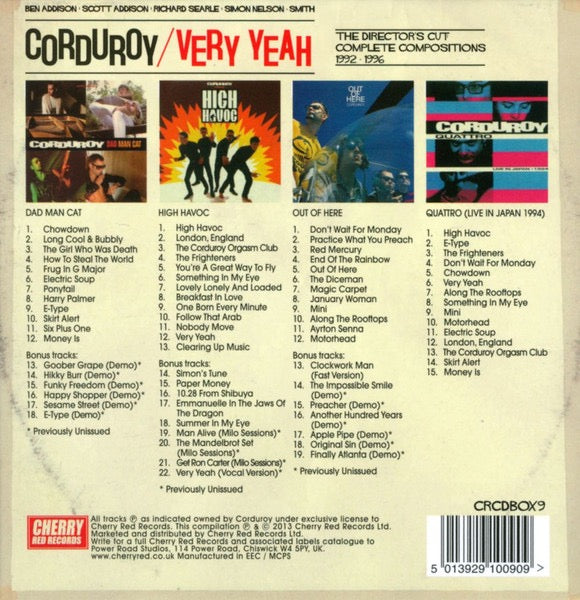 Image of Back Cover of 4xCD - VG+/VG+ - CORDUROY, Very Yeah - The Director's Cut: Complete Compositions 1992-1996 (Cherry Red; CRCDBOX9, UK & Europe 2013, Box Set, Booklet & Inners), ,  - 1816075C