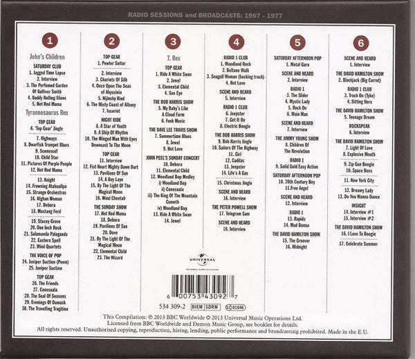 Image of Back Cover of 0336033E: 6xCD - MARC BOLAN FEATURING JOHN'S CHILDREN, TYRANNOSAURUS REX, MARC BOLAN & T. REX, Marc Bolan At The BBC (Radio Sessions And Broadcasts 1967 -1977) (Universal Music Catalogue; 534 309-2, UK 2013, Box Set, Booklet) Some light marks on discs but play fine  VG+/VG