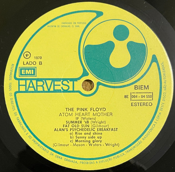 Image of Label Cover of LP - VG/VG+ - PINK FLOYD, Atom Heart Mother (Harvest; 8E 064-04 550, Portugal 1970, Gatefold, 8E 072 Sticker and Circular V Sticker on inside of Gatefold), Spine Wear,  - 0326139E