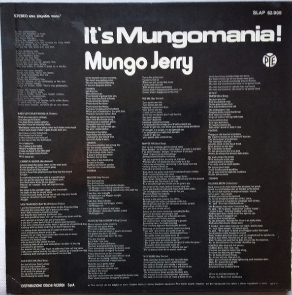 Image of Back Cover of LP - VG/VG - MUNGO JERRY, It's Mungomania! (Pye Records; SLAP 62.008, Italy 1970, Gatefold), Strong VG Throughout,  - 0316181C