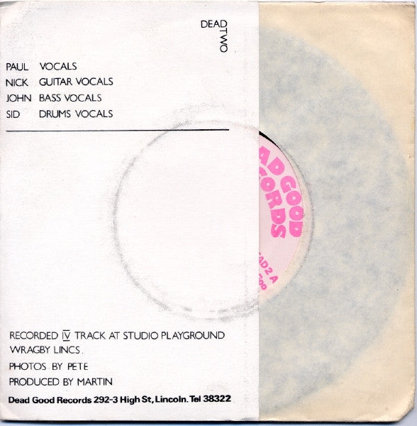 Image of Back Cover of 7" EP - VG+/EX - PSEUDO EXISTORS, Stamp Out Normality! (Dead Good Records ; DEAD 2, UK 1979, Stamped White Label, Fold Over Sleeve), Ring Wear On Rear Flap Of Sleeve,  - 0326235E