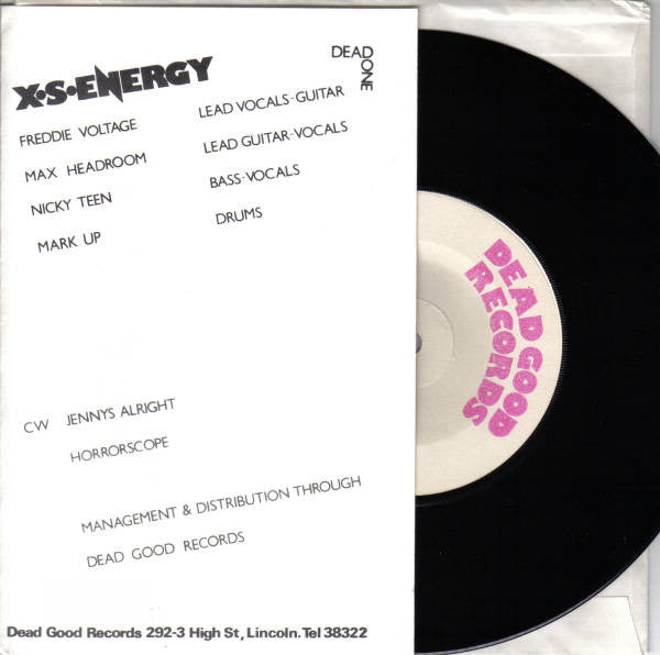 Image of Back Cover of 7" - VG+/EX - X.S. ENERGY, Eighteen / Jennys Alright / Horrorscope (Dead Good Records ; DEAD ONE, UK 1979 Reissue, Stamped White Label, Fold Over Sleeve), Nice Copy, Slight Ring Wear On Rear Flap Of Sleeve,  - 0326234E
