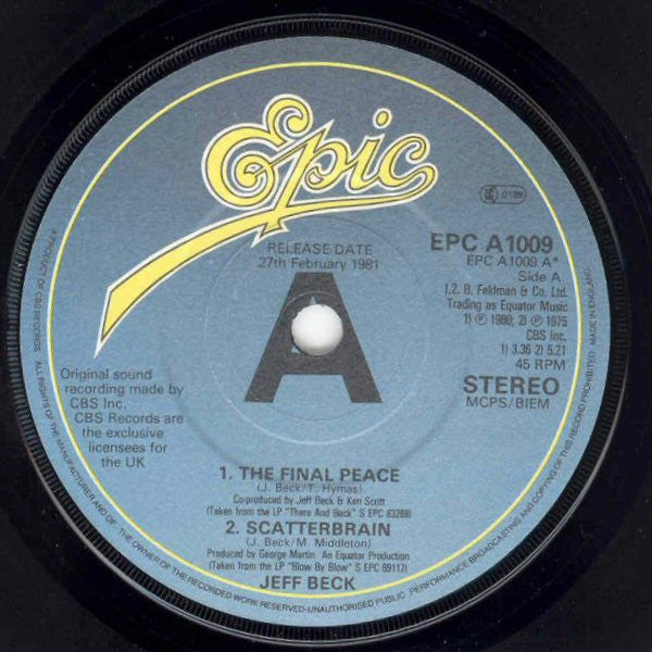 Image of Label Cover of 7" EP - VG+/EX - JEFF BECK, Jeff Beck (Epic ; EPC A 1009, UK 1981, Promo, Picture Sleeve), ,  - 0326216E