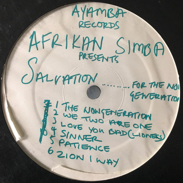 Image of Front Cover of 0316249C: LP - AFRIKAN SIMBA, Salvation For The Now-Generation (Ayamba; AYALP01, UK 2001, White Label) Handwritten titles on labels; some light scuffs too  /VG