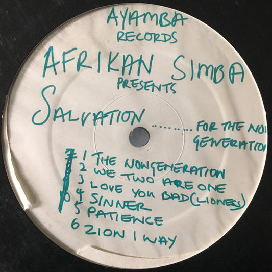 Image of Front Cover of 0316249C: LP - AFRIKAN SIMBA, Salvation For The Now-Generation (Ayamba; AYALP01, UK 2001, White Label) Handwritten titles on labels; some light scuffs too  /VG