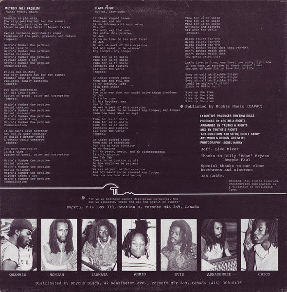 Image of Back Cover of 0316292C: 12" - TRUTHS & RIGHTS, Metro's No. 1 Problem (Rhythm Discs; RD 500, Canada 1981, Picture Sleeve)   VG+/VG+