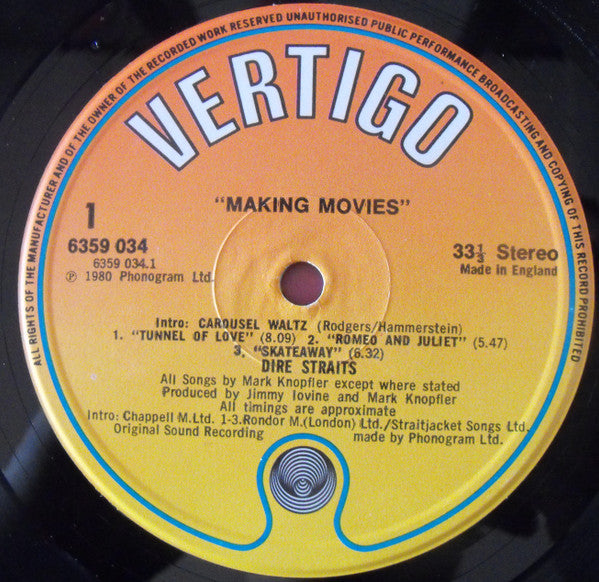 Image of Label Cover of LP - VG/VG - DIRE STRAITS, Making Movies (Vertigo; 6359 034, UK 1980, Inner, "Carousel" on Label, "Made in England" directly under "33 1/3" on Labels), Edge wear. Strong VG disc. No Hype Sticker.,  - 0346286S
