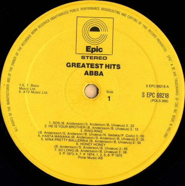 Image of Label Cover of LP - VG/G+ - ABBA, Greatest Hits (Epic Yellow Labels; EPC 69218, UK 1976, Gatefold, Netherlands Pressing), Hairlines,  - 4116084C