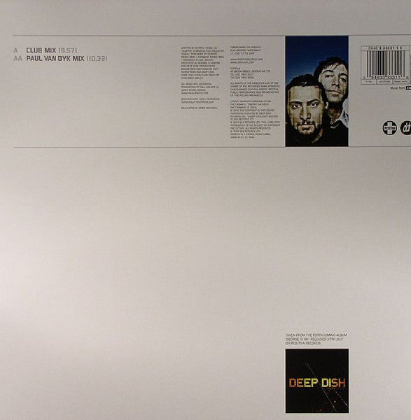 Image of Back Cover of 0316285C: 12" - DEEP DISH, Say Hello (Positiva; 12TIV220, UK 2005, Company Sleeve) Sleeve has split at bottom edge and corners. Wear and scuffs too; sticker ghost on front  G+/G+