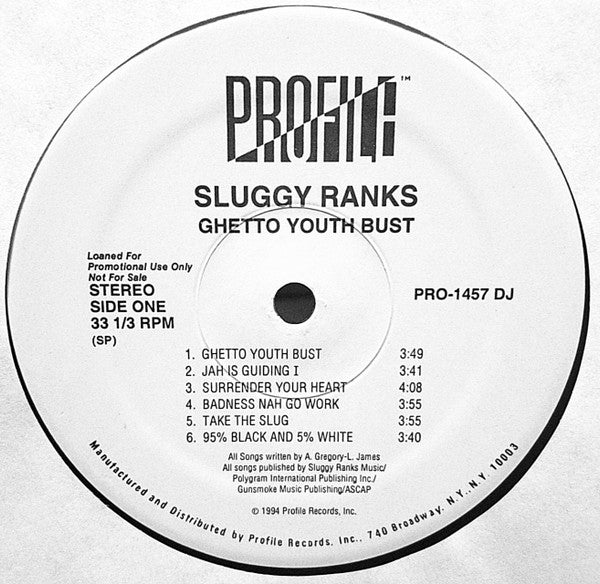 Image of Label Cover of 0316299C: LP - SLUGGY RANKS, Ghetto Youth Bust (Profile Records; PRO-1457-1, US 1994, Promo, Stickered Plain Sleeve)   VG+/VG+