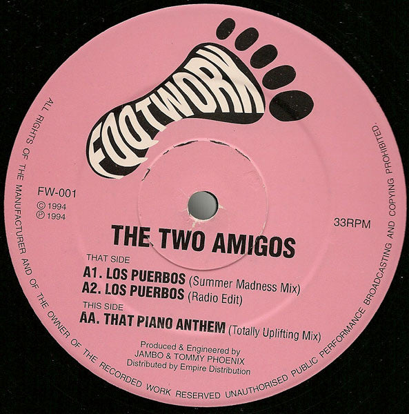 Image of Front Cover of 0346274S: 12" - THE TWO AMIGOS, Los Puerbos / That Piano Anthem (Footwork Records; FW-001, UK 1994)   /VG