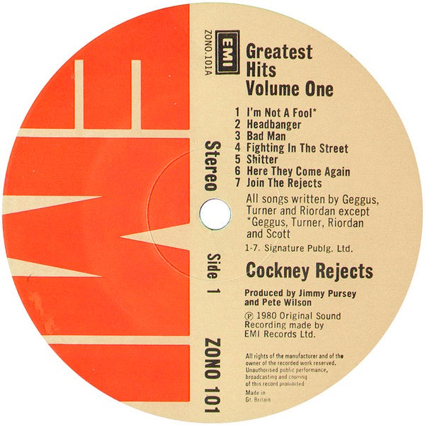 Image of Label Cover of LP - VG/G+ - COCKNEY REJECTS, Greatest Hits Vol. 1 (EMI; ZONO 101, UK 1980), ,  - 1226405E