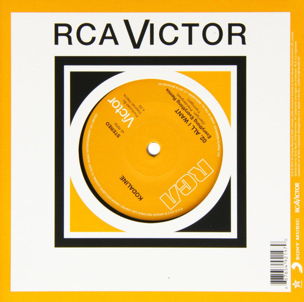 Image of Back Cover of 7" - VG+/VG+ - KODALINE, All I Want / All I Want (Everything Everything Remix (RCA Victor; 88765492197, Europe 2013, Die Cut Sleeve, Signed copy for Record Store Day 2013.), ,  - 0356174S