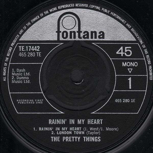 Image of Front Cover of 7" EP - /VG - THE PRETTY THINGS, Rainin' In My Heart (Fontana; TE17442, UK 1965, No Picture Sleeve, Mono.), Light hairlines and surface marks. Generic Sleeve.,  - 0356178S