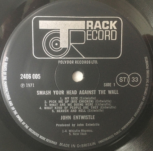 Image of Label Cover of 4624029E: LP - JOHN ENTWISTLE, Smash Your Head Against The Wall (Track; 2406005, UK 1971, Gatefold) Small Edge Chip  VG+/VG