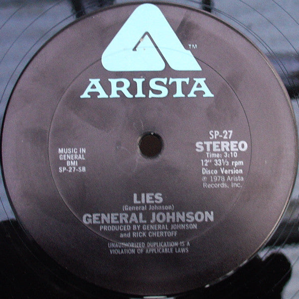 Image of Back Cover of 12" - /VG - GENERAL JOHNSON, Can't Nobody Love Me Like You Do / Lies (Arista; SP-27, US 1978, Plain Sleeve), , A	Can't Nobody Love Me Like You Do (Disco Version)B	Lies (Disco Version) - 0326367E