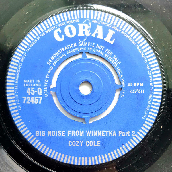 Image of Back Cover of 7" - /VG - COZY COLE, Big Noise From Winnetka (Coral ; 45-Q 72457, UK 1962, A Label Demo), ,  - 0326301E