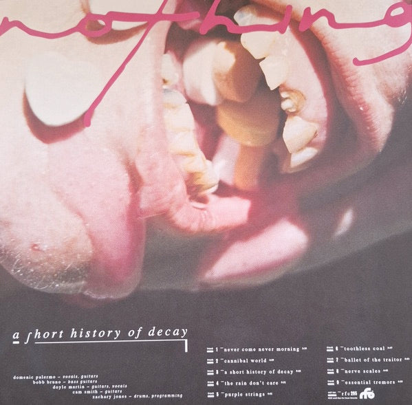 Image of Back Cover of LP - NEW/NEW - NOTHING, a short history of decay (Run For Cover; RFC295LPC5, Europe 2026, Inner, 2 Posters, Stickers, Indies Exclusive Run For Cover First Run Club Version   Candy Corn Vinyl, with CD), ,  - 0916057C
