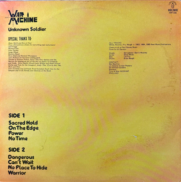 Image of Back Cover of 0446111S: LP - WAR MACHINE, Unknown Soldier (Neat Records; NEAT 1036, UK 1986) Ring Wear  VG/VG