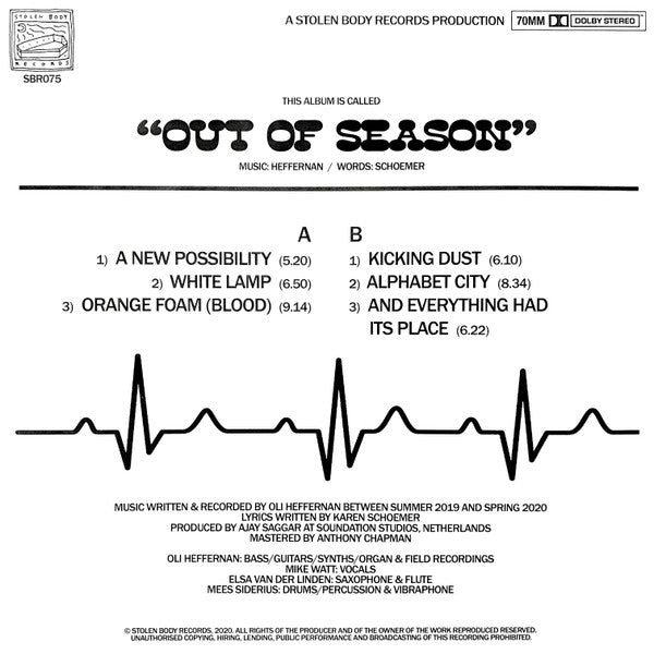 Image of Back Cover of 0426055E: LP - IVAN THE TOLERABLE & HIS ELASTIC BAND WITH MIKE WATT, Out Of Season (Stolen Body Records; SBR075, UK 2020, Limited Edition, Clear With Green Blob & Orange Splatter)   VG+/VG+