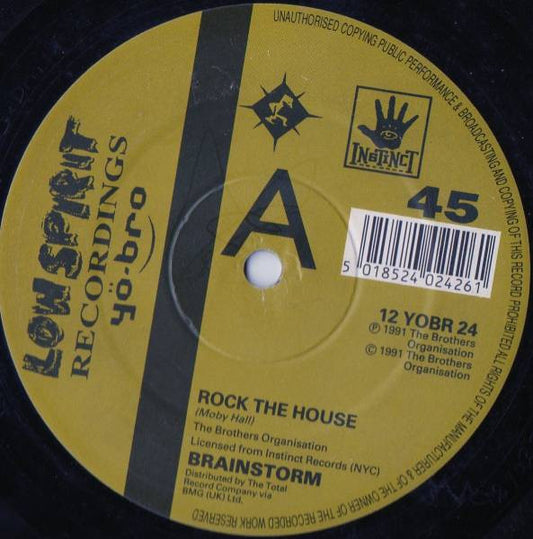 Image of Front Cover of 0446086S: 12" - BRAINSTORM, Rock The House (Yo*Bro Recordings ; 12 YOBR 24, UK 1991, Die Cut Company Sleeve) original company sleeve - strong creasing and edge wear   G+/VG+
