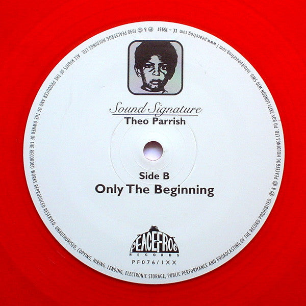 Image of Back Cover of 2xLP - VG/VG - THEO PARRISH, First Floor (Part 1) (Peacefrog Records; PF076/1XX, UK 2011 Reissue, Plastic Gatefolder, Red Vinyl), Small rip at top of sleeve spine, discs have light hairlines., Comes in a clear PVC gate fold sleeve with "20 Peacefrog records" sticker.Limited red 20th anniversary vinyl. - 0916102C