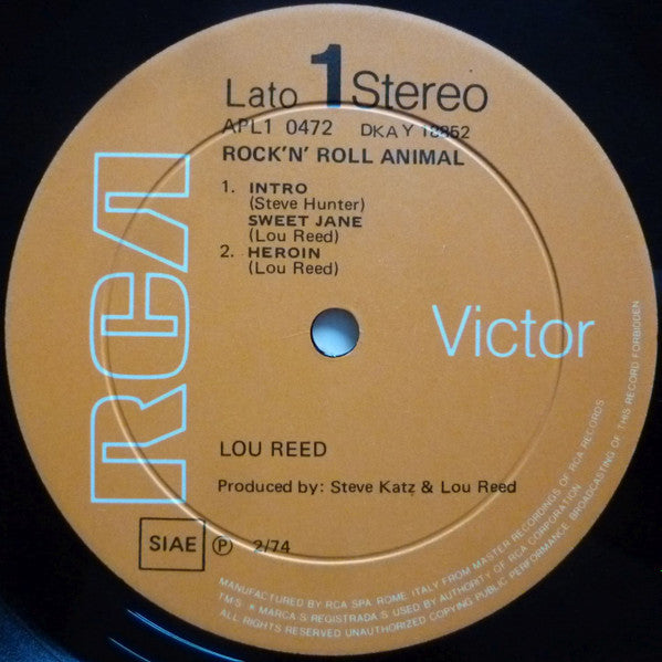Image of Label Cover of LP - VG/VG - LOU REED, Rock'n'Roll Animal (RCA Victor; APL1-0472, Italy 1974, Gatefold, Large Pressing Ring ), ,  - 0416100C