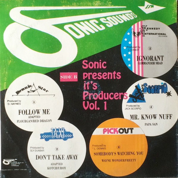 Image of Back Cover of 0416151C: LP - VARIOUS ARTISTS, Sonic Presents It's Producers Vol. 1 (Sonic Sounds; , Jamaica 1980s) Sticker residue on front sleeve.  VG/VG+