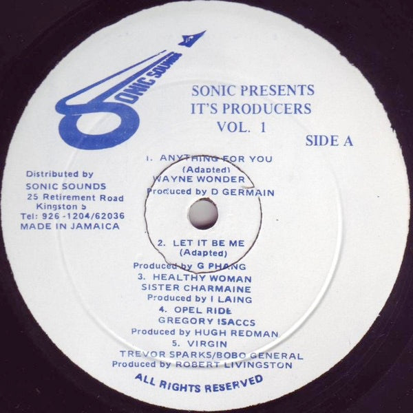 Image of Label Cover of 0416151C: LP - VARIOUS ARTISTS, Sonic Presents It's Producers Vol. 1 (Sonic Sounds; , Jamaica 1980s) Sticker residue on front sleeve.  VG/VG+