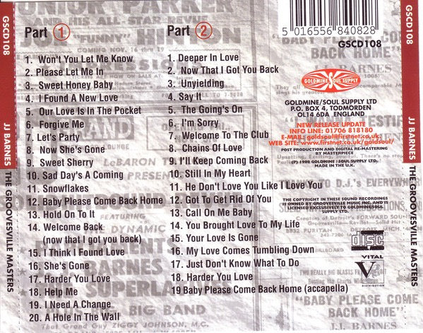 Image of Back Cover of 2xCD - VG+/VG+ - J. J. BARNES, The Groovesville Masters (Goldmine Soul Supply; GSCD108, UK 1998 Reissue, Jewel Case), ,  - 0416041C