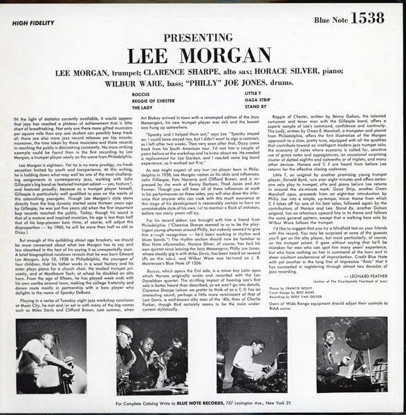 Image of Back Cover of LP - VG+/VG - LEE MORGAN, Indeed! (Blue Note; 1538, US 1972 Reissue, Pasteback Sleeve), Sleeve is pretty much EX apart from a tiny corner bump. Disc is a strong VG with only a few light marks.,  - 0416171C