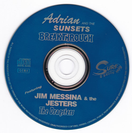 Image of Label Cover of 0436112E: CD - ADRIAN AND THE SUNSETS FEATURING JIM MESSINA & THE JESTERS*, Breakthrough/The Dragsters (Surf; S 94006, Germany 1995, Jewel Case, Booklet)   VG+/VG+
