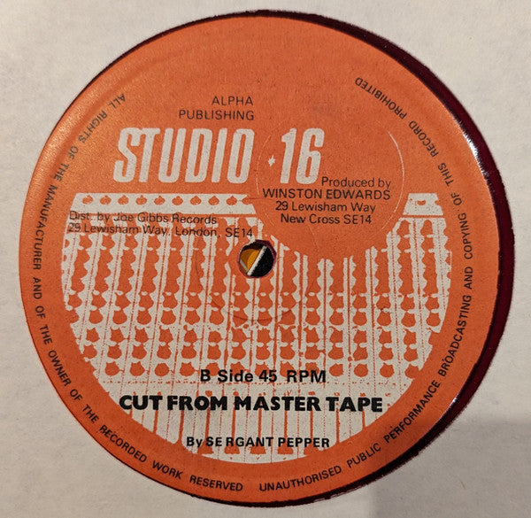Image of Back Cover of 0426190E: 12" - LOVE & UNITY / SEARGENT PEPPER, I Just Don't Care / Cut From Master Tape (Studio 16; none, UK 1980) Lots of marks on vinyl. Light background clicks.  /G+