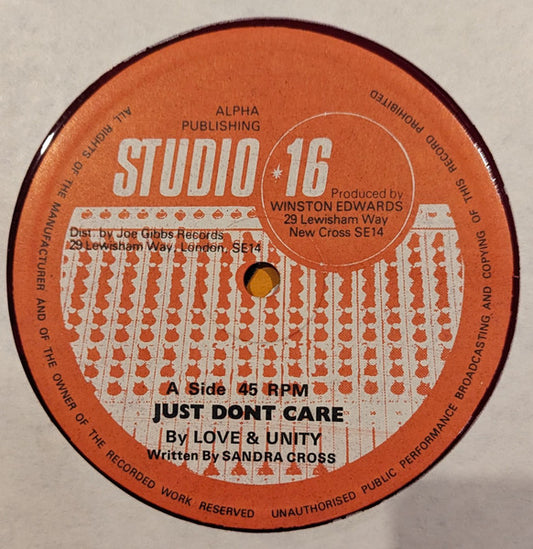 Image of Front Cover of 0426190E: 12" - LOVE & UNITY / SEARGENT PEPPER, I Just Don't Care / Cut From Master Tape (Studio 16; none, UK 1980) Lots of marks on vinyl. Light background clicks.  /G+