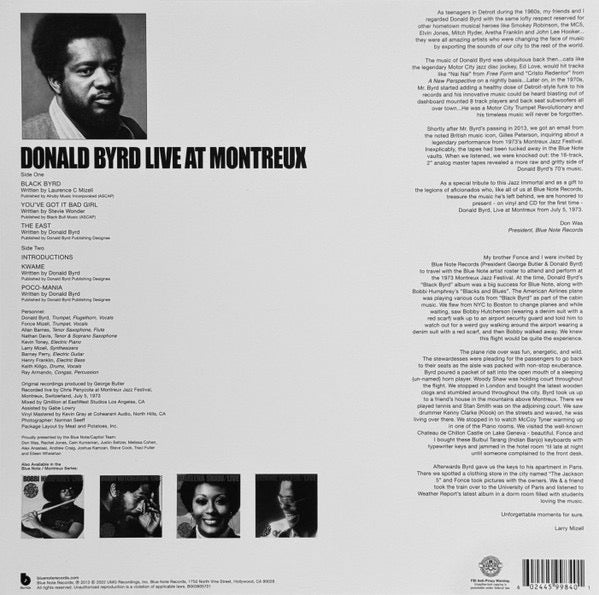 Image of Back Cover of LP - NEW/NEW - DONALD BYRD, Cookin' With Blue Note At Montreux (Blue Note; B003605701, Worldwide 2022 Reissue), ,  - 0456155S