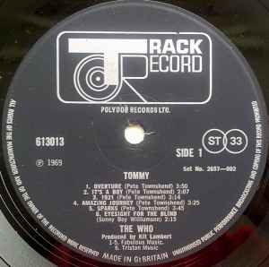 Image of Label Cover of 2xLP - VG/VG+ - THE WHO, Tommy (Track Record; 613 013/4, UK 1969 Reissue, Laminated Trifold Sleeve, Numbered Booklet, Limited Numbered Edition. Autocoupled Pressing, EJ Day Printing), No.73695,  - 3326039E