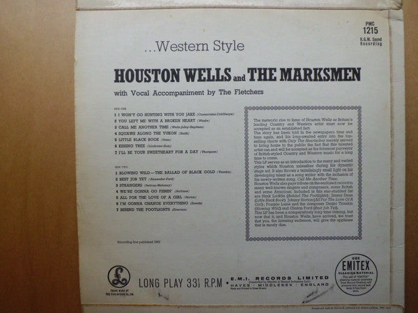 Image of Back Cover of LP - VG/VG+ - HOUSTON WELLS AND THE MARKSMEN, ... Western Style (Parlophone; PMC 1215, UK 1963, Laminated Flipback Sleeve), Light scuffs. Corner wear, creasing, staining to back of sleeve.,  - 0446298S