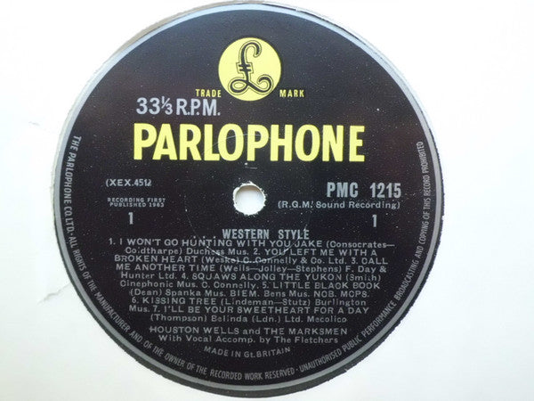 Image of Label Cover of LP - VG/VG+ - HOUSTON WELLS AND THE MARKSMEN, ... Western Style (Parlophone; PMC 1215, UK 1963, Laminated Flipback Sleeve), Light scuffs. Corner wear, creasing, staining to back of sleeve.,  - 0446298S