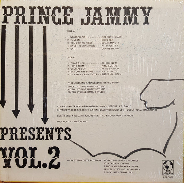 Image of Back Cover of 0416300C: LP - VARIOUS ARTISTS, Prince Jammy Presents Vol. 2 (Live And Love; LALP 004, US 1986, Pasteback Sleeve) Lots of light marks, groovewear; plays above grade. Great looking sleeve.  VG+/G+