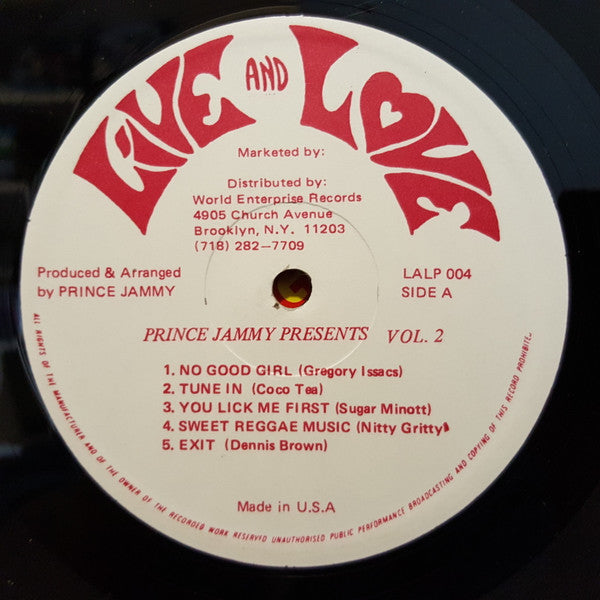 Image of Label Cover of 0416300C: LP - VARIOUS ARTISTS, Prince Jammy Presents Vol. 2 (Live And Love; LALP 004, US 1986, Pasteback Sleeve) Lots of light marks, groovewear; plays above grade. Great looking sleeve.  VG+/G+