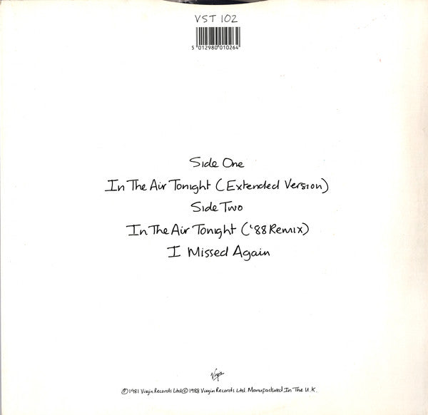 Image of Back Cover of 12" - VG/VG - PHIL COLLINS, In The Air Tonight (88' Remix) And (Extended Version) (Virgin; VST 102, UK 1988), Light hairlines. Ringwear. Sticker removal tear (small). ,  - 2726004E