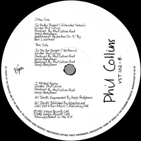 Image of Label Cover of 12" - VG/VG - PHIL COLLINS, In The Air Tonight (88' Remix) And (Extended Version) (Virgin; VST 102, UK 1988), Light hairlines. Ringwear. Sticker removal tear (small). ,  - 2726004E