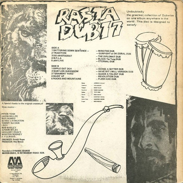 Image of Back Cover of 0446316S: LP - PETE WESTON, Rasta Dub '77 (Micron Music Limited; MIC-CAN-0001, Canada 1970s) Shiny clean disc, plays EX. Light foxing on label. Sleeve is wavy from water damage, spots on back, still looks acceptable.  G/VG+